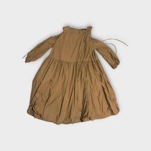 Long Sleeve Cold Shoulder Gathered Waist Midi Dress in Tan